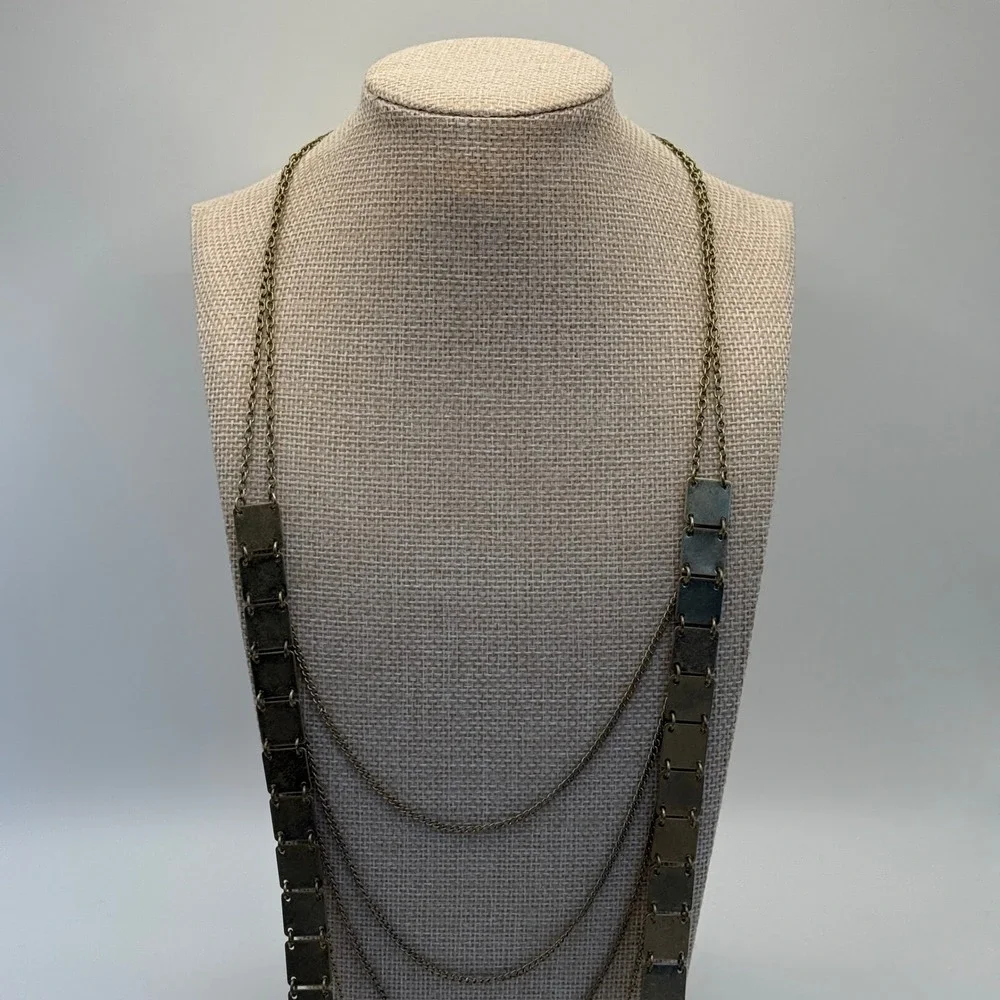 Layered Chain Necklace with Square Pendants Bronze‎ Tone Fashion Jewelry
